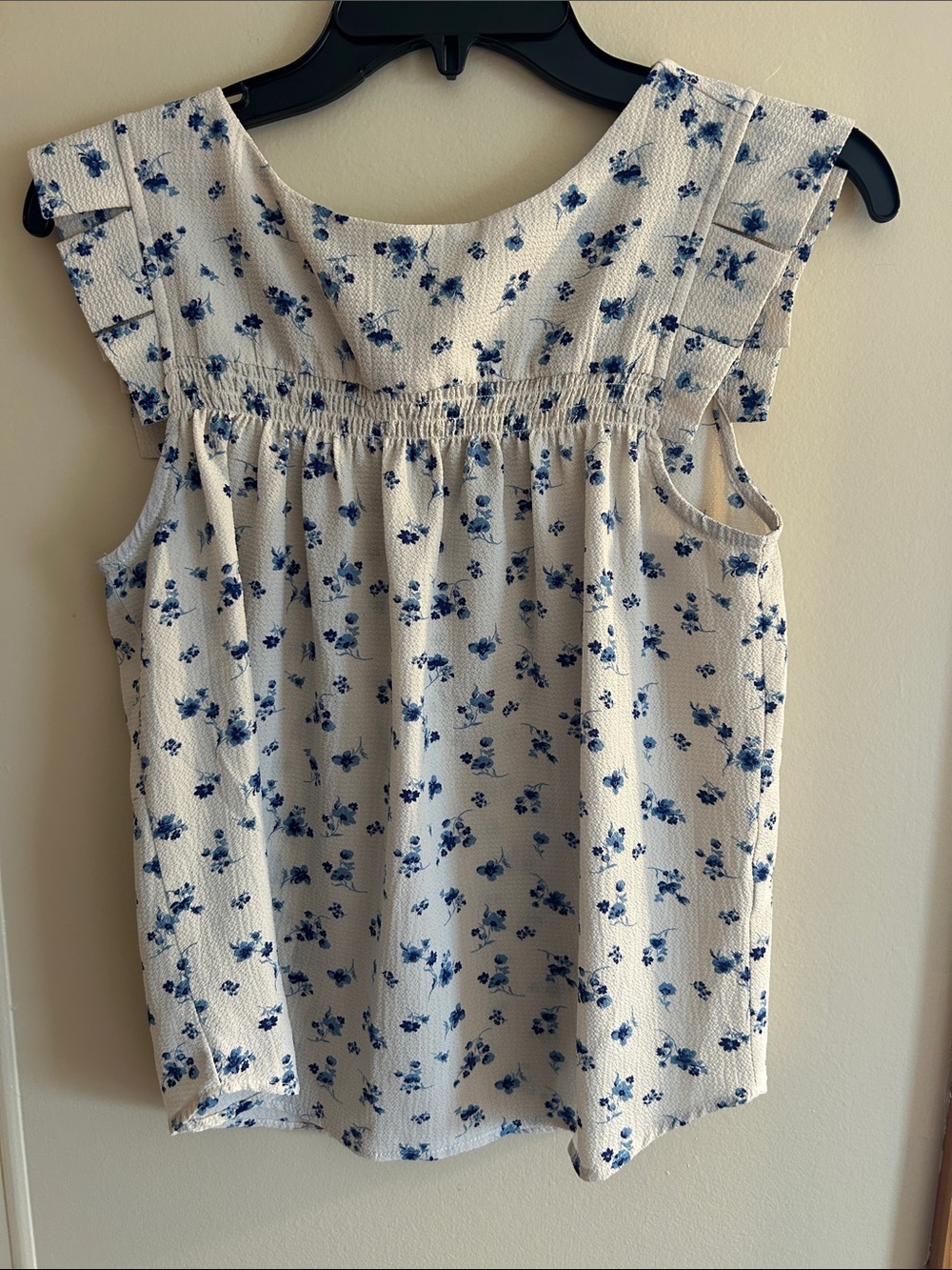 Monteau Cream Top with Blue Floral Print and Ruffle Shoulders